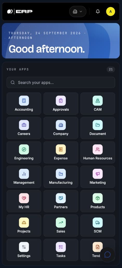 Droot ERP mobile home with field apps including Projects, SCM and Approvals