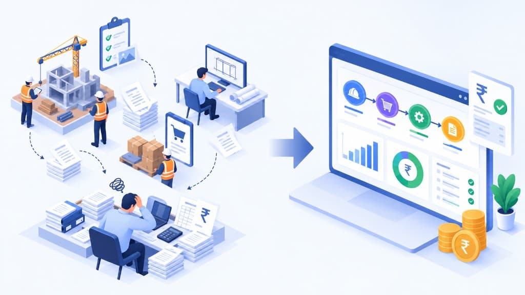 Project-to-finance flow showing costs and collections disconnected from site work